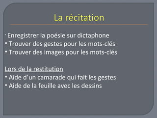 • Enregistrer la poésie sur dictaphone 
• Trouver des gestes pour les mots-clés 
• Trouver des images pour les mots-clés 
Lors de la restitution 
• Aide d’un camarade qui fait les gestes 
• Aide de la feuille avec les dessins 
 