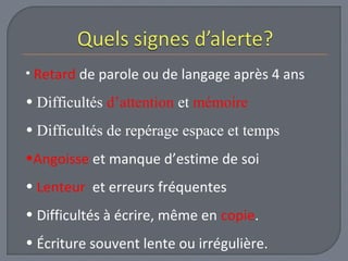 • Retard de parole ou de langage après 4 ans 
• Difficultés d’attention et mémoire 
• Difficultés de repérage espace et temps 
•Angoisse et manque d’estime de soi 
• Lenteur et erreurs fréquentes 
• Difficultés à écrire, même en copie. 
• Écriture souvent lente ou irrégulière. 
 