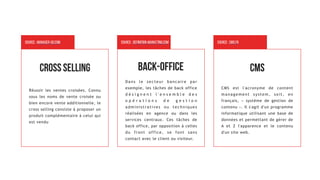 Cross selling
Réussir les ventes croisées. Connu
sous les noms de vente croisée ou
bien encore vente additionnelle, le
cross selling consiste à proposer un
produit complémentaire à celui qui
est vendu
Source : manager-go.com
Dans le secteur bancaire par
exemple, les tâches de back office
d é s i g n e n t l ' e n s e m b l e d e s
o p é r a t i o n s d e g e s t i o n
administratives ou techniques
réalisées en agence ou dans les
services centraux. Ces tâches de
back office, par opposition à celles
du front office, se font sans
contact avec le client ou visiteur.
Source : definition-marketing.com
BACK-OFFICE
CMS est l'acronyme de content
management system, soit, en
français, « système de gestion de
contenu ». Il s'agit d'un programme
informatique utilisant une base de
données et permettant de gérer de
A et Z l'apparence et le contenu
d'un site web.
Source : cms.fr
CMS
 