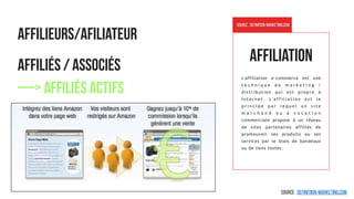 Affiliés / Associés
Affilieurs/Afiliateur
—> Affiliés actifs
L'affiliation e-commerce est une
t e c h n i q u e d e m a r k e t i n g /
distribution qui est propre à
I n t e r n e t . L ' a f f i l i a t i o n e s t l e
p r i n c i p e p a r l e q u e l u n s i t e
m a r c h a n d o u à v o c a t i o n
commerciale propose à un réseau
de sites partenaires affiliés de
promouvoir ses produits ou ses
services par le biais de bandeaux
ou de liens textes.
Source : definition-marketing.com
Affiliation
SOURCE : definitiion-marketing.com
 