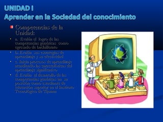 Competencias de laCompetencias de la
Unidad:Unidad:
• a.  Evalúa el  logro de lasa.  Evalúa el  logro de las
competencias genéricas  comocompetencias genéricas  como
egresado de bachilleratoegresado de bachillerato
• b. Evalúa  sus estrategias deb. Evalúa  sus estrategias de
aprendizaje y su efectividadaprendizaje y su efectividad
• c. Inicia procesos de aprendizaje c. Inicia procesos de aprendizaje 
atendiendo las características delatendiendo las características del
aprendizaje significativo aprendizaje significativo 
• d. Evalúa  el desarrollo de lasd. Evalúa  el desarrollo de las
competencias genéricas en  sucompetencias genéricas en  su
posición como estudiante deposición como estudiante de
educación superior en el Institutoeducación superior en el Instituto
Tecnológico de TijuanaTecnológico de Tijuana
 