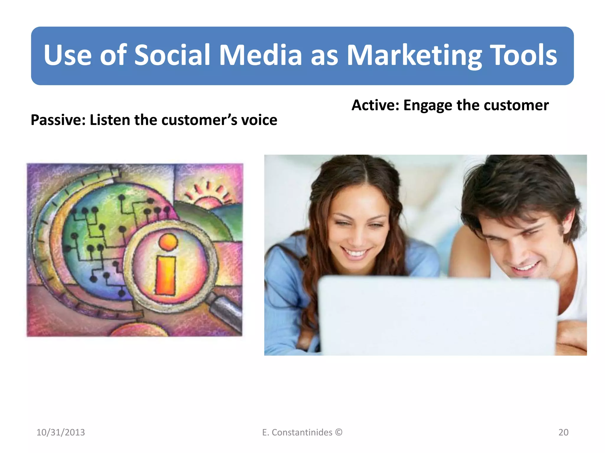Use of Social Media as Marketing Tools
Passive: Listen the customer’s voice

10/31/2013

E. Constantinides ©

Active: Engage the customer

20

 