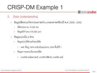 http://dataminingtrend.com http://facebook.com/datacube.th
CRISP-DM Example 1
2. Data Understanding
• ข้อมูลนิสิตคณะวิศวกรรมศาสตร์ ม.เกษตรศาสตร์ช่วงปี พ.ศ. 2535 - 2542
• นิสิตประมาณ 10,000 คน
• ข้อมูลมีจำนวน 476,085 แถว
• ข้อมูลแบ่งเป็น 2 ส่วน
• ข้อมูลประวัติส่วนตัวของนิสิต
• เพศ, ที่อยู่, GPA ระดับมัธยมปลาย, GPA ชั้นปีที่ 1
• ข้อมูลการลงทะเบียนของนิสิต
• เกรดวิชาคณิตศาสตร์, เกรดวิชาฟิสิกส์, เกรดวิชาเคมี
111
 