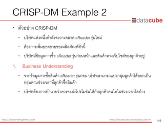 http://dataminingtrend.com http://facebook.com/datacube.th
CRISP-DM Example 2
• ตัวอย่าง CRISP-DM
• บริษัทแห่งหนึ่งกำลังจะวางตลาด eReader รุ่นใหม่
• ต้องการเพิ่มยอดขายของผลิตภัณฑ์ตัวนี้
• บริษัทมีข้อมูลการซื้อ eReader รุ่นก่อนหน้าและสินค้าทางเว็บไซต์ของลูกค้าอยู่
1. Business Understanding
• จากข้อมูลการซื้อสินค้า eReader รุ่นก่อน บริษัทสามารถแบ่งกลุ่มลูกค้าได้ออกเป็น
กลุ่มตามช่วงเวลาที่ลูกค้าซื้อสินค้า
• บริษัทต้องการทำนายว่าควรจะส่งโปรโมชันให้กับลูกค้าคนใดในช่วงเวลาใดบ้าง
119
 