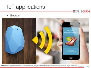 http://dataminingtrend.com http://facebook.com/datacube.th
IoT applications
• iBeacon
49
source: https://www.mallmaverick.com/system/site_images/photos/000/001/700/original/blog_ibeacon1.jpg?1391033561
 
