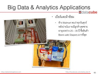 http://dataminingtrend.com http://facebook.com/datacube.th
Big Data & Analytics Applications
• เบียร์และผ้าอ้อม
• ห้าง Walmart พบว่าทุกวันศุกร์
หลังบ่ายโมง จะมีลูกค้าเพศชาย
อายุระหว่าง 25 – 35 ปี ซื้อสินค้า
Beers และ Diapers มากที่สุด
85
 