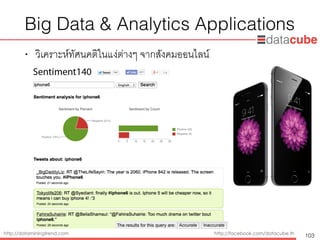 http://dataminingtrend.com http://facebook.com/datacube.th
Big Data & Analytics Applications
• วิเคราะห์ทัศนคติในแง่ต่างๆ จากสังคมออนไลน์
103
 