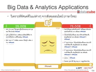 http://dataminingtrend.com http://facebook.com/datacube.th
Big Data & Analytics Applications
• วิเคราะห์ทัศนคติในแง่ต่างๆ จากสังคมออนไลน์ (ภาษาไทย)
104
 