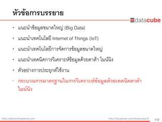 http://dataminingtrend.com http://facebook.com/datacube.th
• แนะนำข้อมูลขนาดใหญ่ (Big Data)
• แนะนำเทคโนโลยี Internet of Things (IoT)
• แนะนำเทคโนโลยีการจัดการข้อมูลขนาดใหญ่
• แนะนำเทคนิคการวิเคราะห์ข้อมูลด้วยดาต้า ไมน์นิง
• ตัวอย่างการประยุกต์ใช้งาน
• กระบวนการมาตรฐานในการวิเคราะห์ข้อมูลด้วยเทคนิคดาต้า
ไมน์นิง
หัวข้อการบรรยาย
112
 