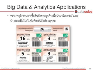 http://dataminingtrend.com http://facebook.com/datacube.th
Big Data & Analytics Applications
• ทราบพฤติกรรมการซื้อสินค้าของลูกค้า เพื่อนำมาวิเคราะห์ และ 
นำเสนอเป็นโปรโมชันพิเศษให้แต่ละบุคคล
96
 