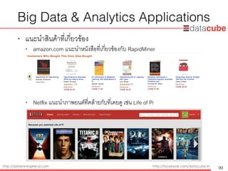 http://dataminingtrend.com http://facebook.com/datacube.th
Big Data & Analytics Applications
• แนะนำสินค้าที่เกี่ยวข้อง
• amazon.com แนะนำหนังสือที่เกี่ยวข้องกับ RapidMiner
• Netﬂix แนะนำภาพยนต์ที่คล้ายกับที่เคยดู เช่น Life of Pi
99
 