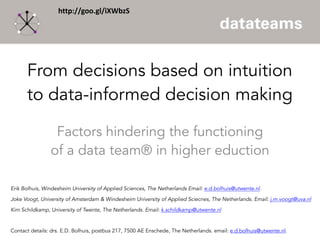 From decisions based on intuition
to data-informed decision making
Factors hindering the functioning
of a data team® in higher eduction
Erik Bolhuis, Windesheim University of Applied Sciences, The Netherlands Email: e.d.bolhuis@utwente.nl.
Joke Voogt, University of Amsterdam & Windesheim University of Applied Sciecnes, The Netherlands. Email: j.m.voogt@uva.nl
Kim Schildkamp, University of Twente, The Netherlands. Email: k.schildkamp@utwente.nl
Contact details: drs. E.D. Bolhuis, postbus 217, 7500 AE Enschede, The Netherlands. email: e.d.bolhuis@utwente.nl.
http://goo.gl/iXWbzS
 