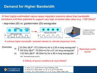 Demand for Higher Bandwidth
 their highly-multimoded nature raises important concerns about their bandwidth
limitations and their potential to support very high on-board data rates (e.g. >100 Gb/s)?
23 GHz (BLP1: 57.5 GHz×m) for a 2.55 m long waveguide2
150 GHz (BLP1: 75 GHz×m) for a 51 cm long waveguide3
1.03 GHz (BLP1: 90 GHz×m) for a 90 m long waveguide4
SI:
GI:
Examples:
Restricted centre
launch
 Effects of launch conditions & input offsets?
2F. Doany, et al., LEOS Summer Topical Meetings, 2004.
3X. Wang, et al., Optics letters, vol. 32, no. 6, pp. 677–679, 2007.
4T. Kosugi , et al., Optics express, vol. 17, no. 18, pp. 15959–15968, 2009.
BLP1: Bandwidth-length product.
- step-index (SI) vs. graded-index (GI) waveguides
 achieve higher bandwidth: renewed interest on ultimate dispersion limits
T. Ishigure, Summer
School on Optical
Interconnects, 2014.
 