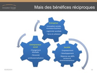 Mais des bénéfices réciproques
Société
- Empowerment
- Développement
- Réponse aux défis
sociaux et
environnementaux
Entrepreneur
social
- Changement
d’échelle
- Pérennité
- professionnalisation
Entreprise
- Innovation sociale,
nouveaux business
- Légitimité sociétale
- Sens et cohésion
05/03/2014 16
 
