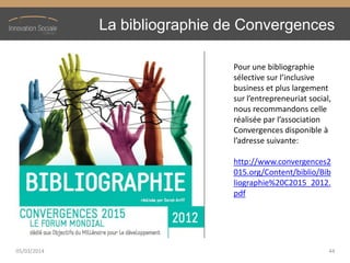 La bibliographie de Convergences
05/03/2014 44
Pour une bibliographie
sélective  sur  l’inclusive  
business et plus largement
sur  l’entrepreneuriat  social,  
nous recommandons celle
réalisée  par  l’association  
Convergences disponible à
l’adresse  suivante:
http://www.convergences2
015.org/Content/biblio/Bib
liographie%20C2015_2012.
pdf
 
