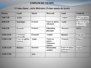 EMPLOI DU TEMPS
11 ème classe , série littéraire (3-ème année de lycée)
Heures Lundi Mardi Mercredi Jeudi Vendredi
7.00-7.50 Latin Anglais Cours en option:
Sport
8.00-8.50 Sociologie Français Cours en option:
Allemand
Latin Cours en option:
L’Histoire du
communisme
9.00-9.50 Roumain Français Education
physique
Roumain TICE
10.00-10.50 Littérature
universelle
Économie Anglais Histoire Géographie
11.00-11.50 Cours en option:
Sciences
Latin Cours en
option:
Littérature
anglaise
Français Religion
12.00-12.50 Histoire Roumain Orientation
scolaire
Cours en option:
Littérature
française
Anglais
13.00-13.50 Arts
 