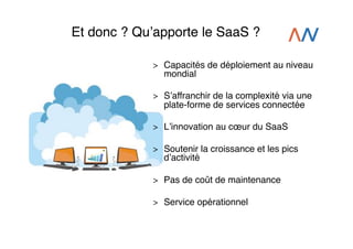 Et donc ? Quʼapporte le SaaS ?!
>  Capacités de déploiement au niveau

mondial!

>  Sʼaffranchir de la complexité via une

plate-forme de services connectée !

>  Lʼinnovation au cœur du SaaS!
>  Soutenir la croissance et les pics

dʼactivité!

>  Pas de coût de maintenance!
>  Service opérationnel!

 