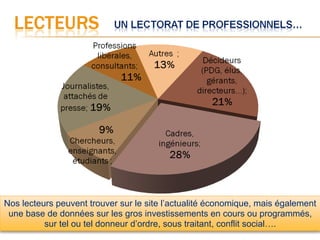 Nos lecteurs peuvent trouver sur le site l’actualité économique, mais également
 une base de données sur les gros investissements en cours ou programmés,
          sur tel ou tel donneur d’ordre, sous traitant, conflit social….
 