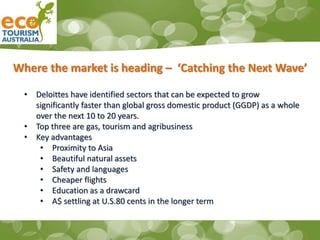 Where the market is heading – ‘Catching the Next Wave’
• Deloittes have identified sectors that can be expected to grow
significantly faster than global gross domestic product (GGDP) as a whole
over the next 10 to 20 years.
• Top three are gas, tourism and agribusiness
• Key advantages
• Proximity to Asia
• Beautiful natural assets
• Safety and languages
• Cheaper flights
• Education as a drawcard
• A$ settling at U.S.80 cents in the longer term
 