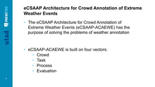 6
eCSAAP Architecture for Crowd Annotation of Extreme
Weather Events
• The eCSAAP Architecture for Crowd Annotation of
Ext...