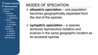 Origin of Variation
MODES OF SPECIATION
I. Macroevolution
II. Species
1. Speciation
a. Anagenesis
b. cladogenesis
2. Barriers
a. prezygotic
b. post zygote
3. Modes of
Specification
a. Allopatric
b. Sympatric
4. Speciation to
Macroevolution
Macroevolution
 allopatric speciation – one population
becomes geographically separated from
the rest of the species
 sympatric speciation – a species
achieves reproductive isolation and
evolves in the same geographic location as
its ancestral species
 