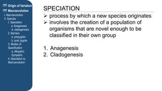 Origin of Variation
SPECIATION
I. Macroevolution
II. Species
1. Speciation
a. Anagenesis
b. cladogenesis
2. Barriers
a. prezygotic
b. post zygote
3. Modes of
Specification
a. Allopatric
Sympatric
4. Speciation to
Macroevolution
Macroevolution
 process by which a new species originates
 involves the creation of a population of
organisms that are novel enough to be
classified in their own group
1. Anagenesis
2. Cladogenesis
 