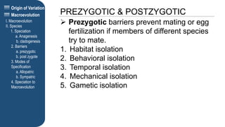 Origin of Variation
PREZYGOTIC & POSTZYGOTIC
I. Macroevolution
II. Species
1. Speciation
a. Anagenesis
b. cladogenesis
2. Barriers
a. prezygotic
b. post zygote
3. Modes of
Specification
a. Allopatric
b. Sympatric
4. Speciation to
Macroevolution
Macroevolution
 Prezygotic barriers prevent mating or egg
fertilization if members of different species
try to mate.
1. Habitat isolation
2. Behavioral isolation
3. Temporal isolation
4. Mechanical isolation
5. Gametic isolation
 