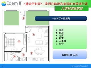 "重返伊甸园"----是通往欧洲和美国的有效通行证
                      为您和您的家庭


               一室两厅户型规划




                 1.   客厅
                 2.   厨房
                 3.   走廊
                 4.   卧室
                 5.   卫生间
                 6.   阳台



                       总面积--66 m2起



17                           www.edem-house.com
 