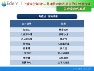 "重返伊甸园"----是通往欧洲和美国的有效通行证
                          为您和您的家庭

            计划概述，基础设施


    公共场所                 服务

     行政区                桑拿洗浴
    儿童游泳馆               按摩沙龙
    成人游泳馆                健身房
     植物园                儿童娱乐室
     停车场                 洗衣房
    小型超市                前台问询处
     咖啡馆                安保服务
    指挥中心                土耳其浴室

9                               www.edem-house.com
 