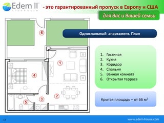 - это гарантированный пропуск в Европу и США
                             для Вас и Вашей семьи


                  Односпальный апартамент. План




                           1.   Гостиная
                           2.   Кухня
                           3.   Коридор
                           4.   Спальня
                           5.   Ванная комната
                           6.   Открытая терраса



                            Крытая площадь – от 66 м2



17                                        www.edem-house.com
 