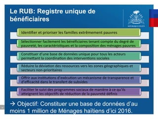 16
Iden fier et prioriser les familles extrêmement pauvres
Sélec onner facilement les bénéficiaires tenant compte du degré de
pauvreté, les caractéris ques et la composi on des ménages pauvres
Cons tuer d’une base de données unique pour tous les acteurs
perme ant la coordina on des interven ons sociales
Réduire la dévia on des ressources vers les zones géographiques et
secteurs non-prioritaires
Offrir aux ins tu ons d’exécu on un mécanisme de transparence et
d’efficacité dans le transfert de subsides
Faciliter le suivi des programmes sociaux de manière à ce qu’ils
a eignent les objec fs de réduc on de la pauvreté définis
Le RUB: Registre unique de
bénéficiaires
 Objectif: Constituer une base de données d’au
moins 1 million de Ménages haïtiens d’ici 2016.
 