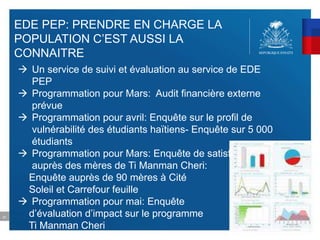 57
EDE PEP: PRENDRE EN CHARGE LA
POPULATION C’EST AUSSI LA
CONNAITRE
 Un service de suivi et évaluation au service de EDE
PEP
 Programmation pour Mars: Audit financière externe
prévue
 Programmation pour avril: Enquête sur le profil de
vulnérabilité des étudiants haïtiens- Enquête sur 5 000
étudiants
 Programmation pour Mars: Enquête de satisfaction
auprès des mères de Ti Manman Cheri:
Enquête auprès de 90 mères à Cité
Soleil et Carrefour feuille
 Programmation pour mai: Enquête
d’évaluation d’impact sur le programme
Ti Manman Cheri
 
