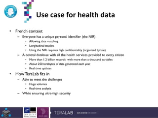 Use case for health data
• French context
– Everyone has a unique personal identifier (the NIR)
• Allowing data matching
• Longitudinal studies
• Using the NIR requires high confidentiality (organized by law)
– A central database with all the health services provided to every citizen
• More than 1.2 billion records with more than a thousand variables
• About 250 terabytes of data generated each year
• Real time updates
• HowTeraLab fits in
– Able to meet the challenges
• Huge volumes
• Real-time analysis
– While ensuring ultra-high security
*Etude Deloitte 2013
 