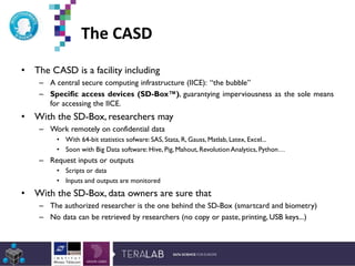 The CASD
• The CASD is a facility including
– A central secure computing infrastructure (IICE): “the bubble”
– Specific access devices (SD-Box™), guarantying imperviousness as the sole means
for accessing the IICE.
• With the SD-Box, researchers may
– Work remotely on confidential data
• With 64-bit statistics sofware: SAS, Stata, R, Gauss, Matlab, Latex, Excel...
• Soon with Big Data software: Hive, Pig, Mahout, Revolution Analytics, Python…
– Request inputs or outputs
• Scripts or data
• Inputs and outputs are monitored
• With the SD-Box, data owners are sure that
– The authorized researcher is the one behind the SD-Box (smartcard and biometry)
– No data can be retrieved by researchers (no copy or paste, printing, USB keys...)
*Etude Deloitte 2013
 