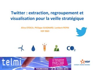 Twitter : extraction, regroupement et
visualisation pour la veille stratégique
     Alina STOICA, Philippe SUIGNARD, Lambert PEPIN
                         EDF R&D
 