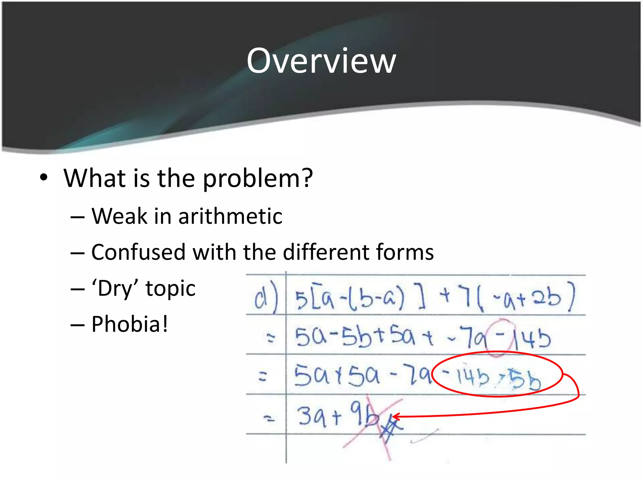 Overview

• What is the problem?
  – Weak in arithmetic
  – Confused with the different forms
  – ‘Dry’ topic
  – Phobia!
 