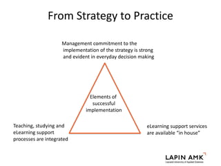 From Strategy to Practice
Management commitment to the
implementation of the strategy is strong
and evident in everyday decision making
eLearning support services
are available “in house”
Teaching, studying and
eLearning support
processes are integrated
Elements of
successful
implementation
 
