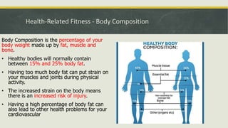 Health-Related Fitness - Body Composition
Body Composition is the percentage of your
body weight made up by fat, muscle and
bone.
• Healthy bodies will normally contain
between 15% and 25% body fat.
• Having too much body fat can put strain on
your muscles and joints during physical
activity.
• The increased strain on the body means
there is an increased risk of injury.
• Having a high percentage of body fat can
also lead to other health problems for your
cardiovascular
 