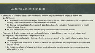 California Content Standards
 Standard 3: Students assess and maintain a level of physical fitness to improve health and
performance.
 3.1 Assess one’s own muscle strength, muscle endurance, aerobic capacity, flexibility, and body composition
by using scientifically based health-related fitness assessment.
 3.3 Develop individual goals, from research-based standards, for each other five components of health-
related physical fitness.
 3.4 Plan a weekly personal physical fitness program in collaboration with the teacher.
 Standard 4: Students demonstrate the knowledge of physical fitness concepts, principles, and
strategies to improve health and performance.
 4.2 Identify physical activities that are effective in improving each of the health-related physical fitness
components.
 4.3 Match personal preferences in physical activities with each of the five components of health related
physical fitness.
 4.4 Explain the effects of physical activity on heart-rate during exercise, during the recovery phase, and
while body is at rest.
 