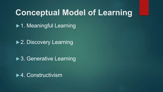 Conceptual Model of Learning
 1. Meaningful Learning
 2. Discovery Learning
 3. Generative Learning
 4. Constructivism
 