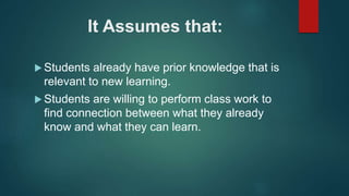 It Assumes that:
 Students already have prior knowledge that is
relevant to new learning.
 Students are willing to perform class work to
find connection between what they already
know and what they can learn.
 