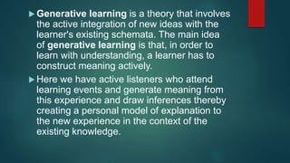  Generative learning is a theory that involves
the active integration of new ideas with the
learner's existing schemata. The main idea
of generative learning is that, in order to
learn with understanding, a learner has to
construct meaning actively.
 Here we have active listeners who attend
learning events and generate meaning from
this experience and draw inferences thereby
creating a personal model of explanation to
the new experience in the context of the
existing knowledge.
 