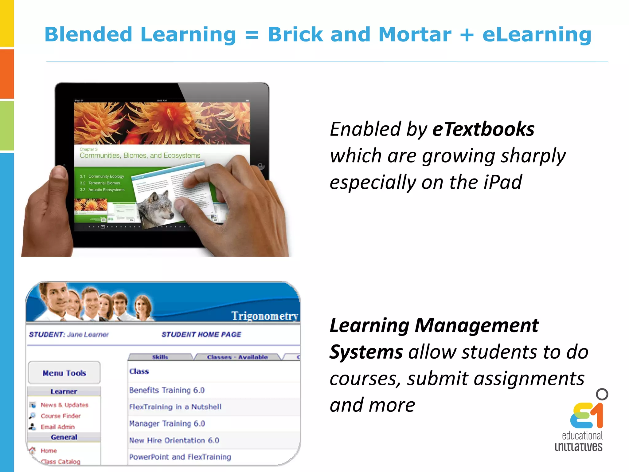 Blended Learning = Brick and Mortar + eLearning
Enabled by eTextbooks
which are growing sharply
especially on the iPad
Learning Management
Systems allow students to do
courses, submit assignments
and more
 