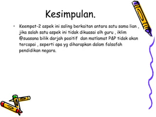 Kesimpulan. Keempat-2 aspek ini saling berkaitan antara satu sama lian , jika salah satu aspek ini tidak dikuasai olh guru , iklim @suasana bilik darjah positif  dan matlamat P&P tidak akan tercapai , seperti apa yg diharapkan dalam falsafah pendidikan negara. 