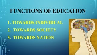FUNCTIONS OF EDUCATION
1. TOWARDS INDIVIDUAL
2. TOWARDS SOCIETY
3. TOWARDS NATION
 