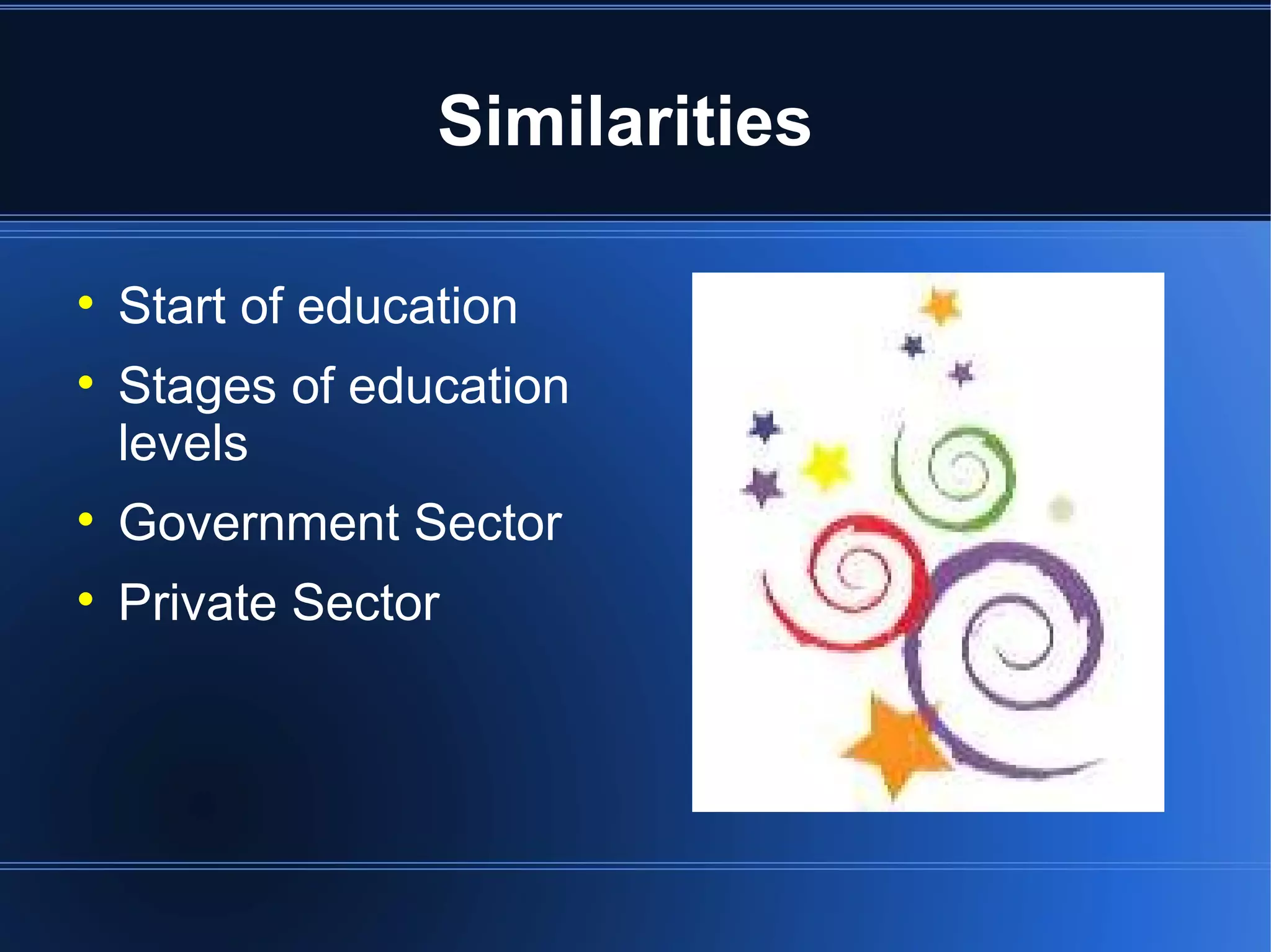 Similarities
Start of education
Stages of education
levels
Government Sector
Private Sector