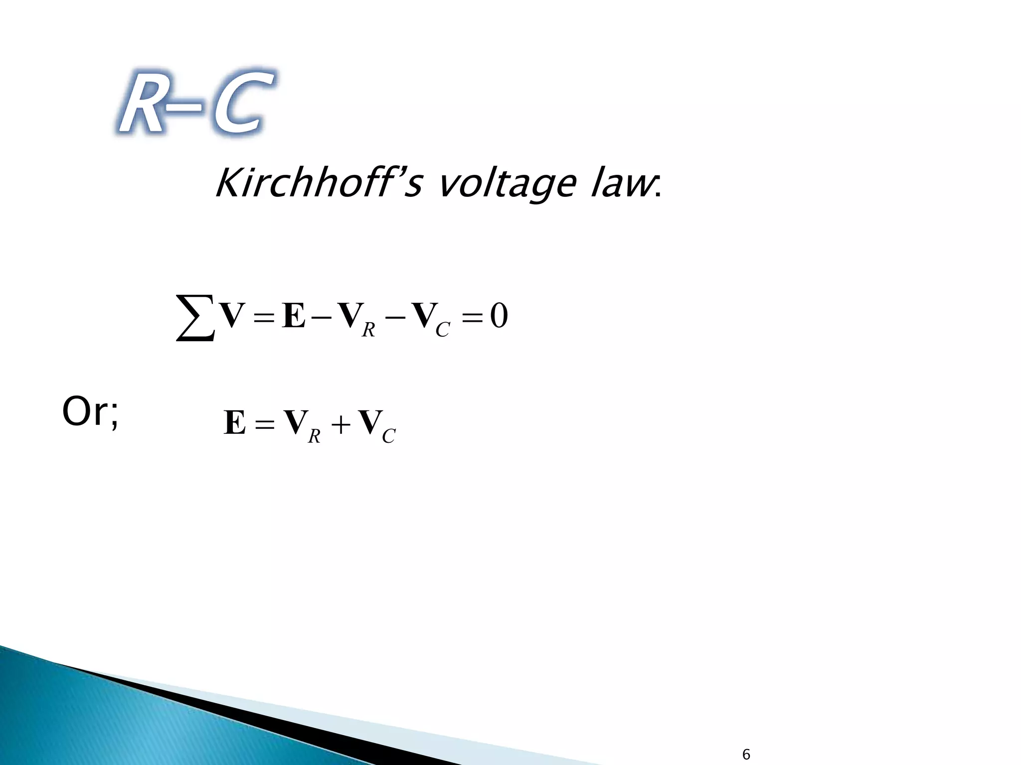 6
Kirchhoff’s voltage law:
Or;
0 CR VVEV
CR VVE 