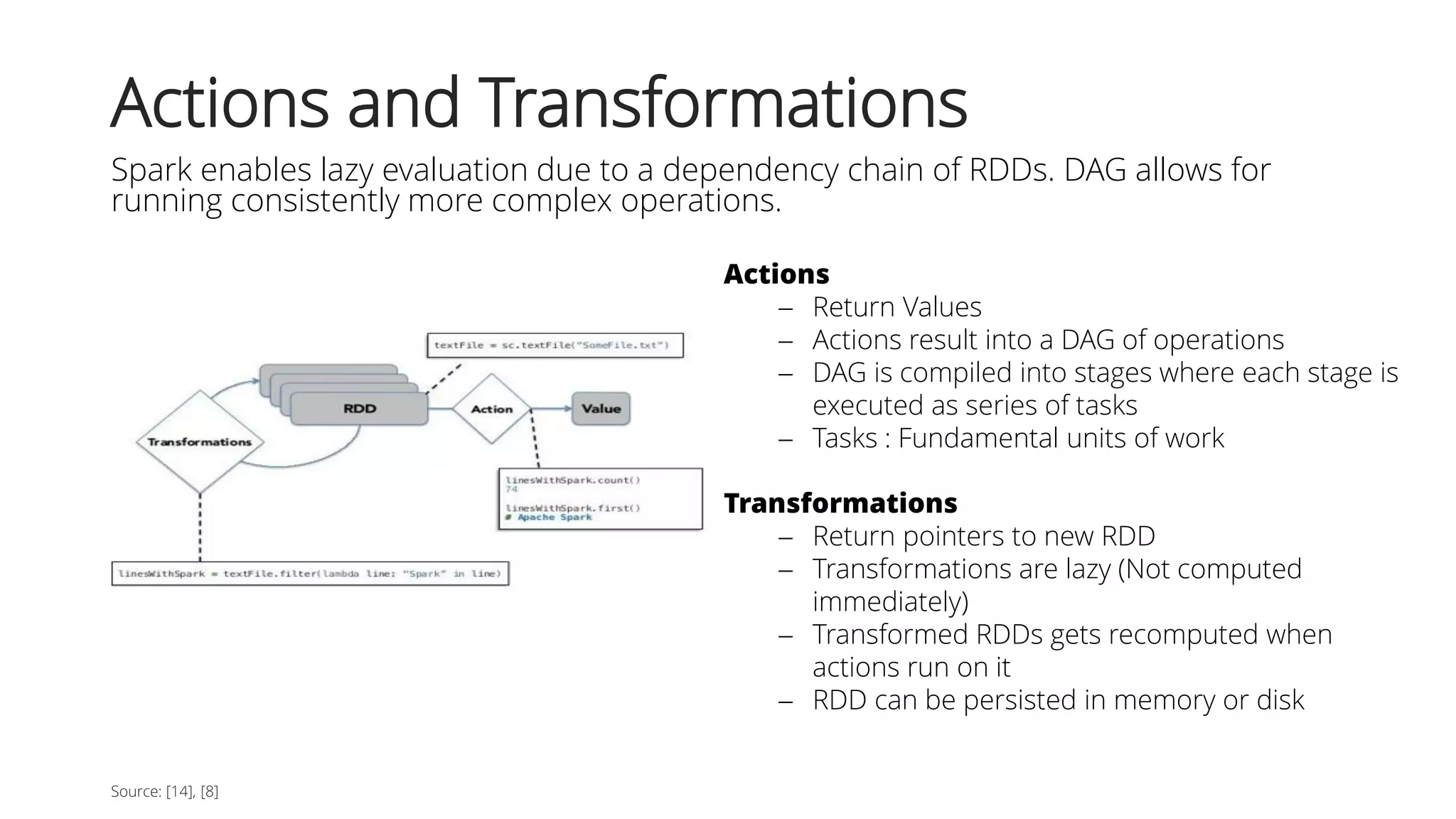 Actions and Transformations
Spark enables lazy evaluation due to a dependency chain of RDDs. DAG allows for
running consistently more complex operations.
Source: [14], [8]
Transformations
 Return pointers to new RDD
 Transformations are lazy (Not computed
immediately)
 Transformed RDDs gets recomputed when
actions run on it
 RDD can be persisted in memory or disk
Actions
 Return Values
 Actions result into a DAG of operations
 DAG is compiled into stages where each stage is
executed as series of tasks
 Tasks : Fundamental units of work
 