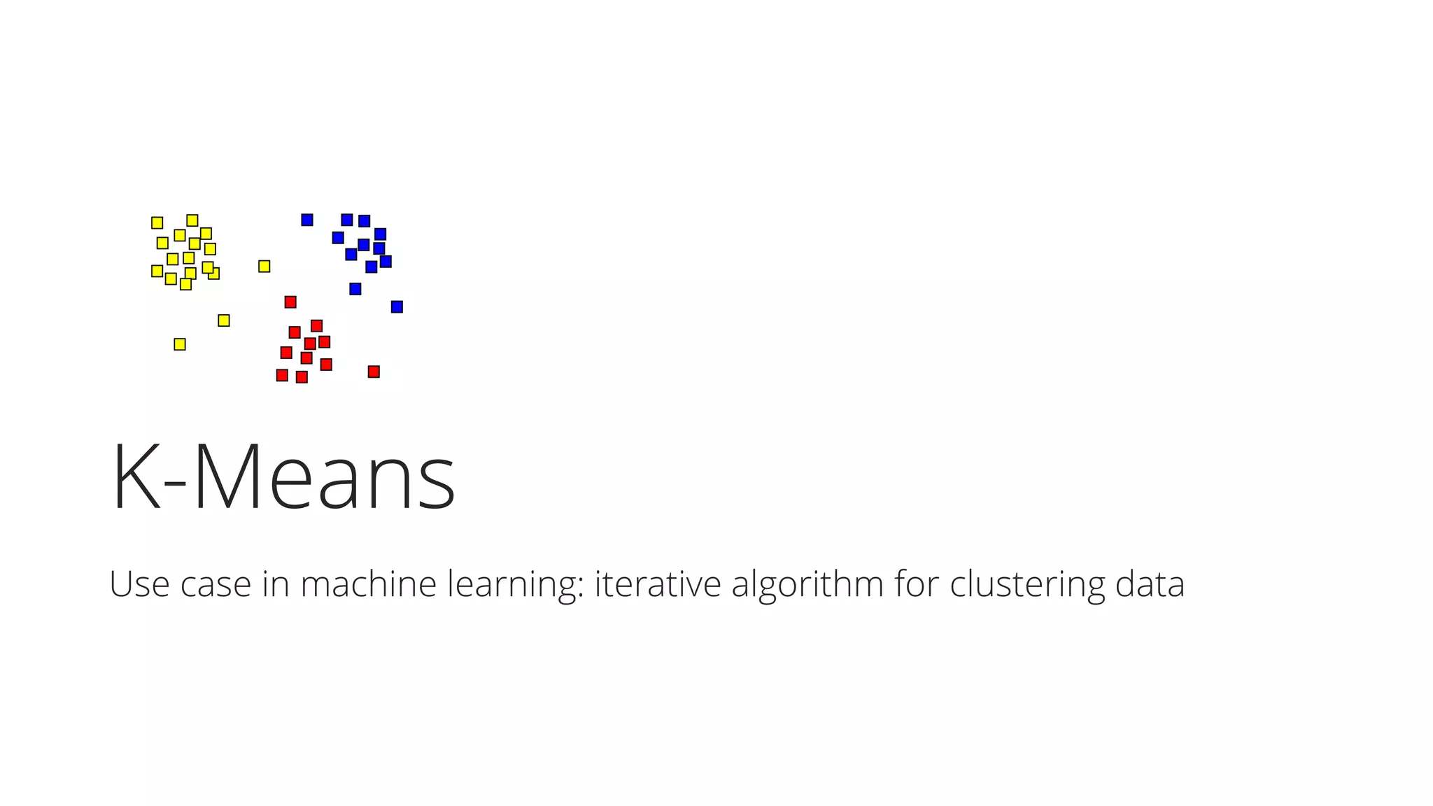 K-Means
Use case in machine learning: iterative algorithm for clustering data
 