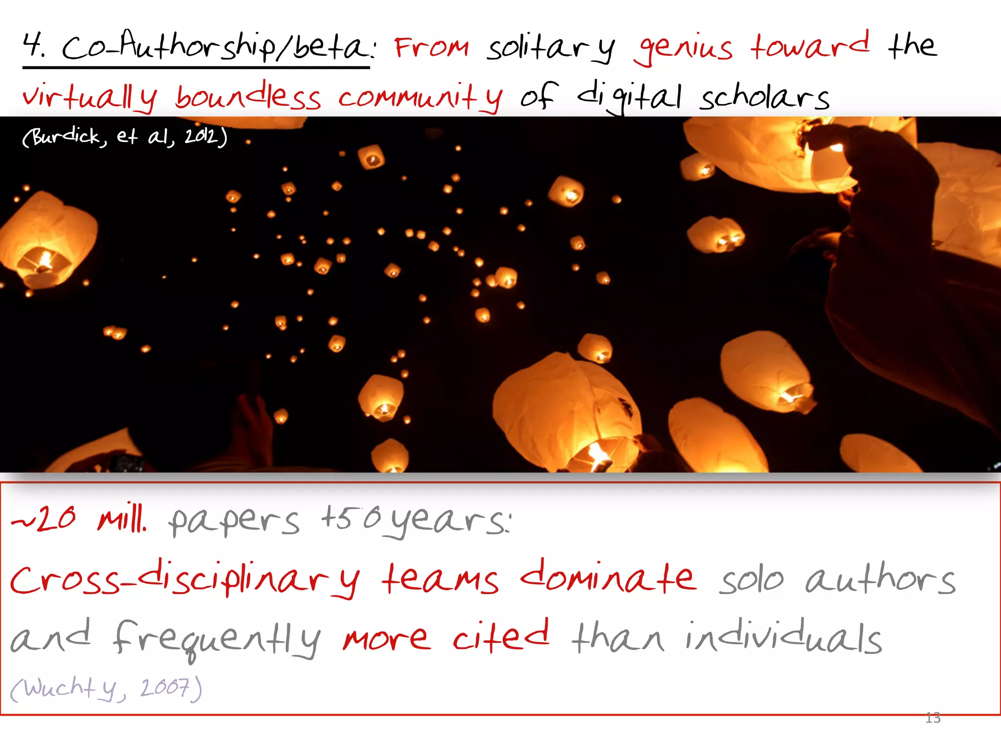 •4. Co-Authorship/beta: From solitary genius toward the
virtually boundless community of digital scholars
(Burdick, et al, 2012)).




•~20 mill. papers +50years:
Cross-disciplinary teams dominate solo authors
and frequently more cited than individuals
(Wuchty, 2007)
                                                      13	
  
 